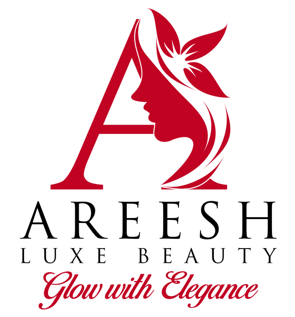 Logo of Aareesh Luxe Beauty with a stylized letter 'A' and silhouette of a woman's face.