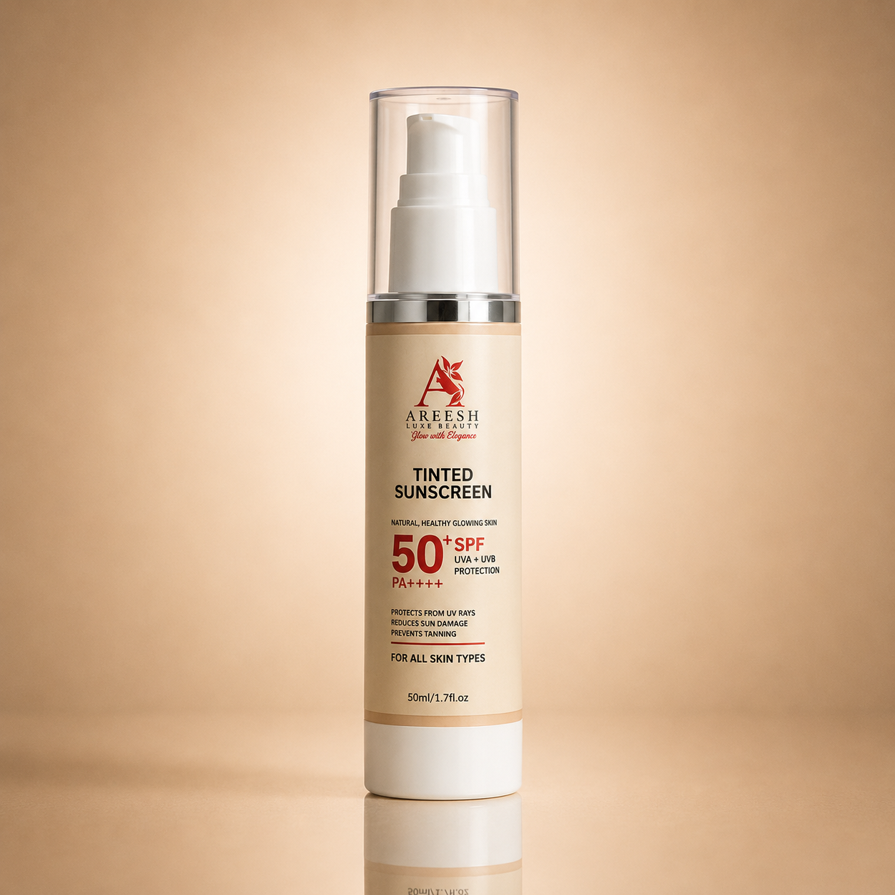 A 50ml bottle of Aareesh Brand Tinted Sunscreen SPF 50+ on a warm beige gradient background with a soft reflection below.