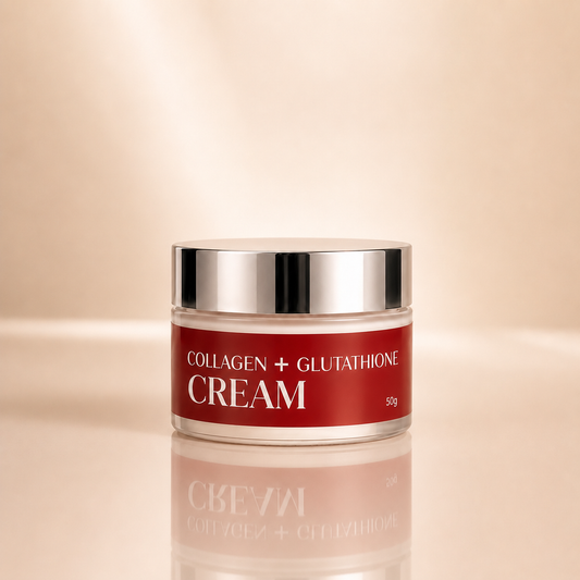 A 50g jar of Collagen + Glutathione Cream with a metallic silver lid and a deep red label, set against a warm beige background with a soft reflection below.