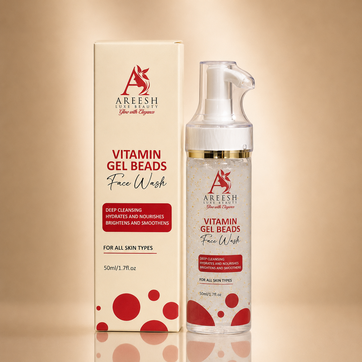 A bottle of Areesh Vitamin Gel Beads Face Wash with a pump dispenser stands next to its cream-colored packaging box on a reflective beige surface.