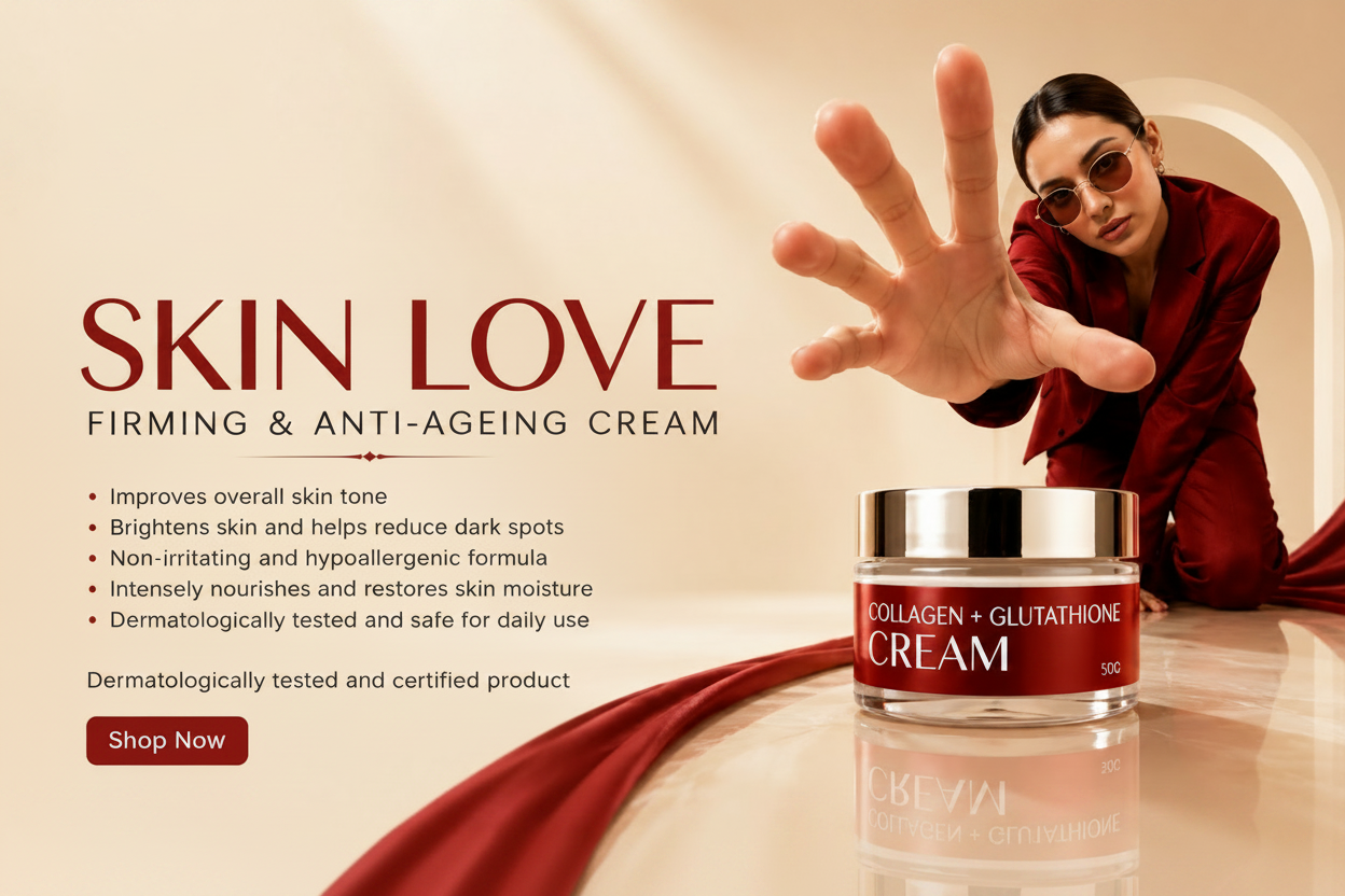 Areesh Cosmetics Skin Love Firming & Anti- ageing Cream jar shown on a beige promotional background with a woman in a red outfit reaching toward it, alongside product text and a 'Shop Now' button.