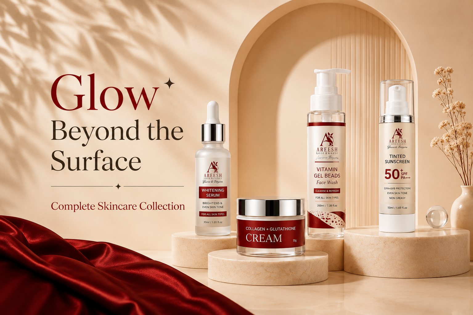 A skincare collection display with multiple products from Asclepius arranged on beige pedestals against a warm beige backdrop with an arch. Visible products include a serum dropper bottle, a vitamin gel brush bottle, a tinted sunscreen bottle, and a cream jar.